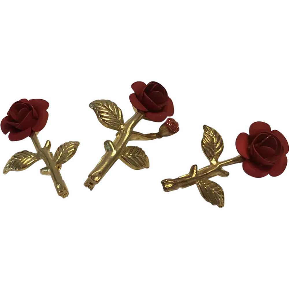 Set of 3 Vintage Gold Tone Metal Red Rose Scatter… - image 1