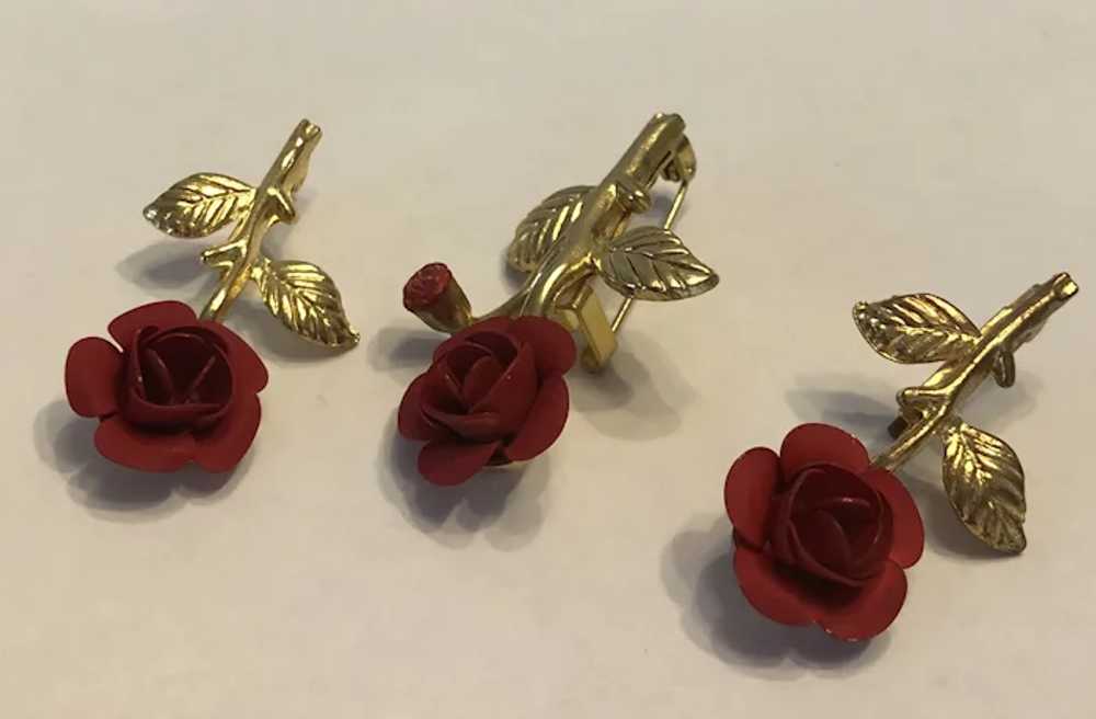 Set of 3 Vintage Gold Tone Metal Red Rose Scatter… - image 3