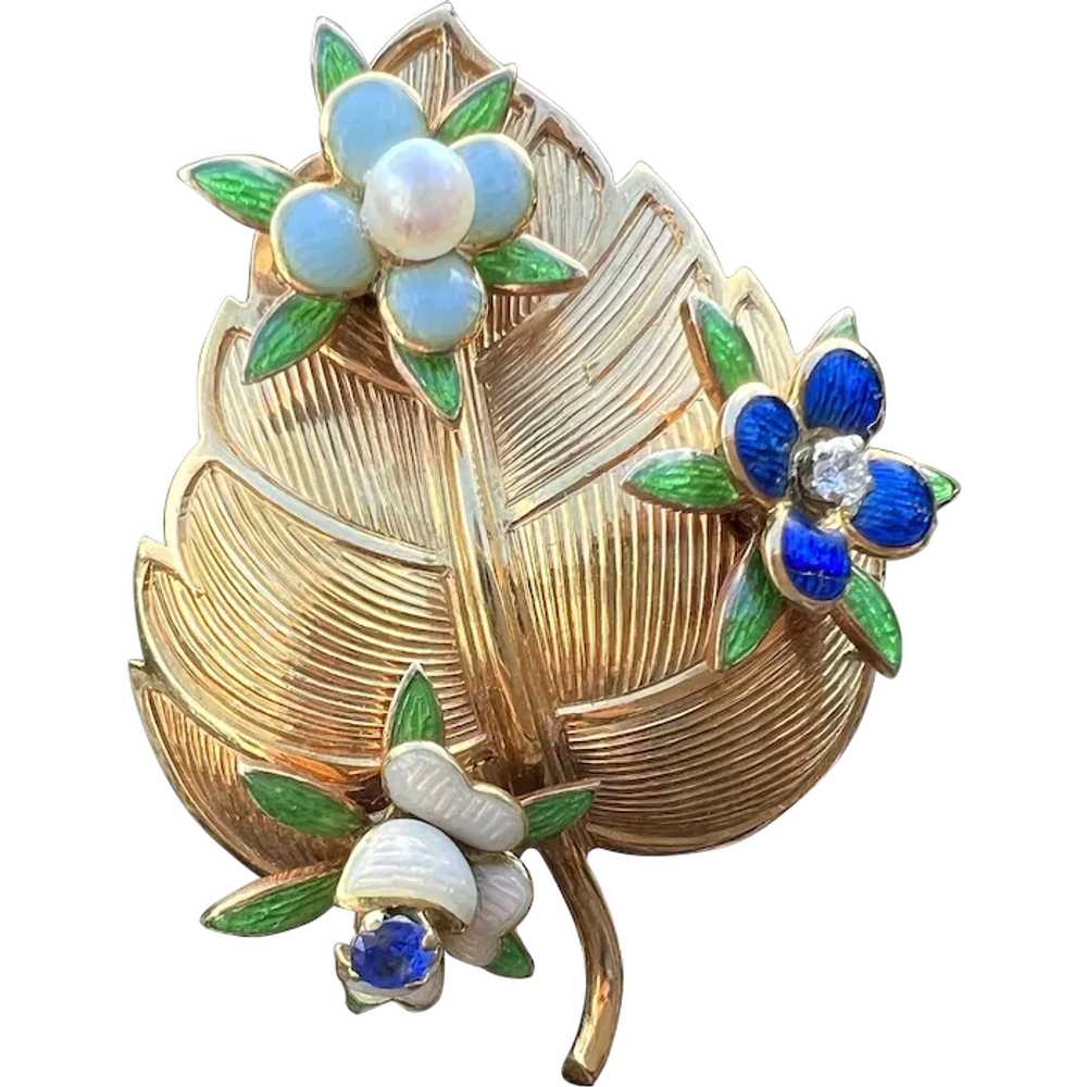 Tiffany & Co 18k Gold and Enamel Leaf Brooch - image 1