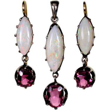 Victorian Opal Garnet Earrings Pendant Set 14K St… - image 1