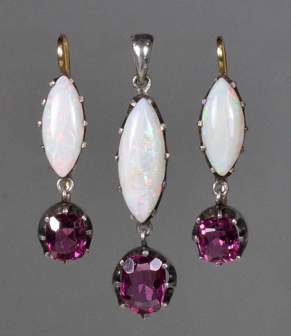 Victorian Opal Garnet Earrings Pendant Set 14K St… - image 2