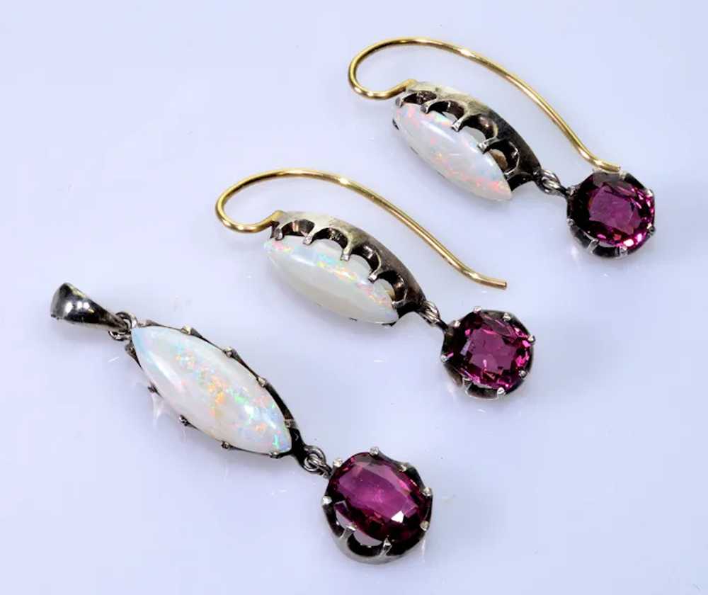 Victorian Opal Garnet Earrings Pendant Set 14K St… - image 3