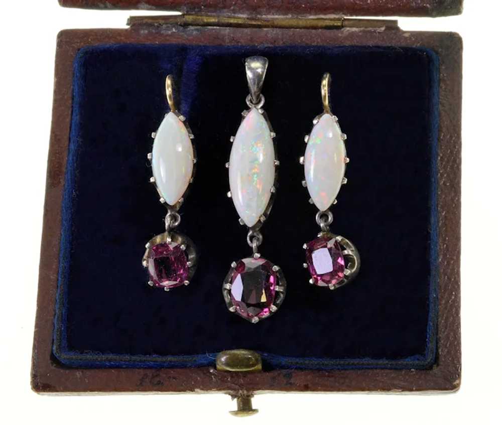 Victorian Opal Garnet Earrings Pendant Set 14K St… - image 4