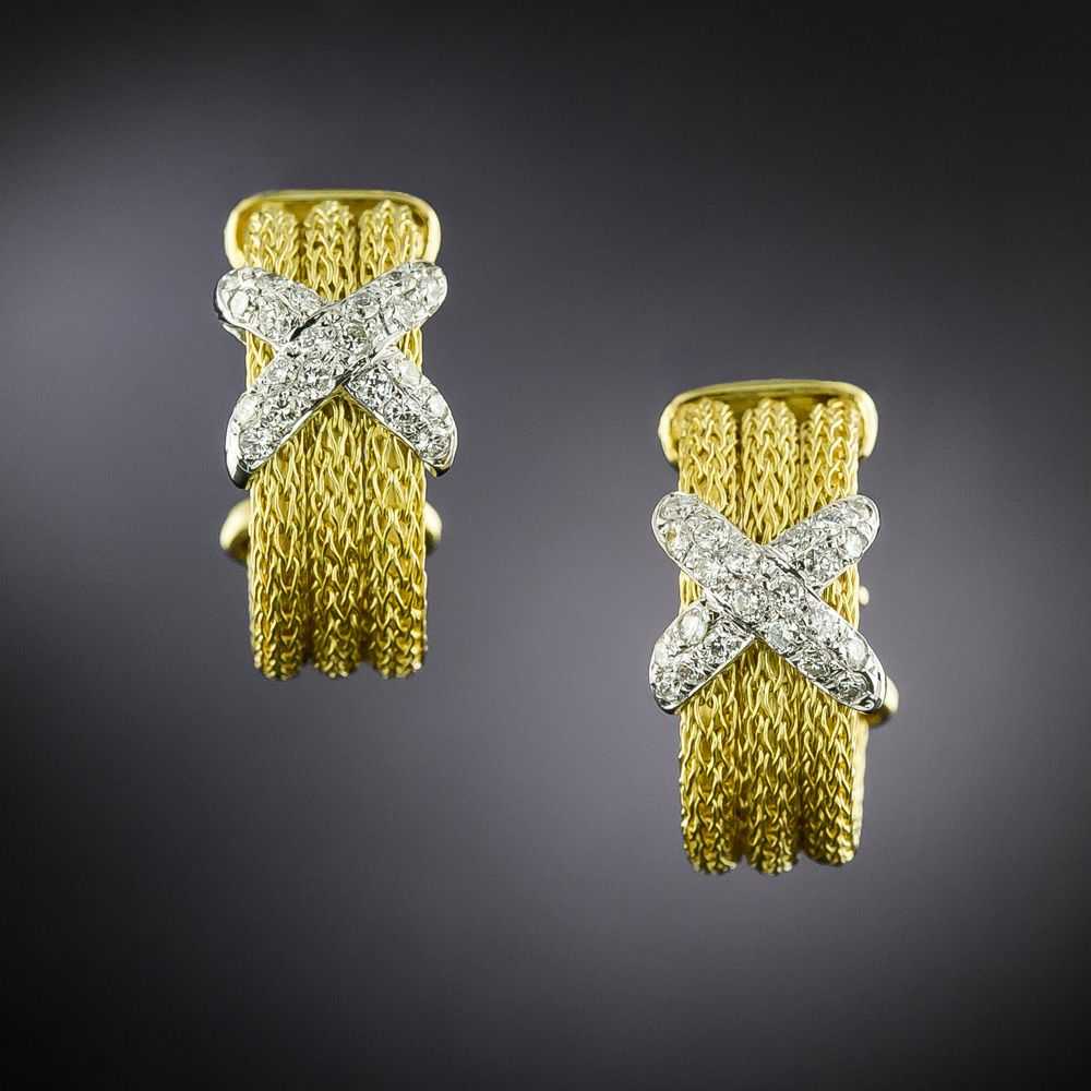 Estate Gold Mesh Diamond 'X' Earrings - image 1