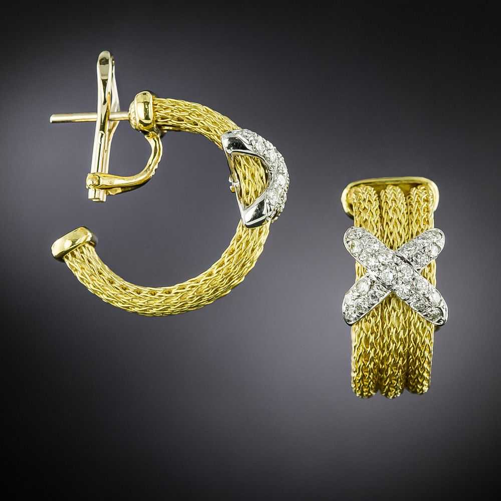 Estate Gold Mesh Diamond 'X' Earrings - image 2