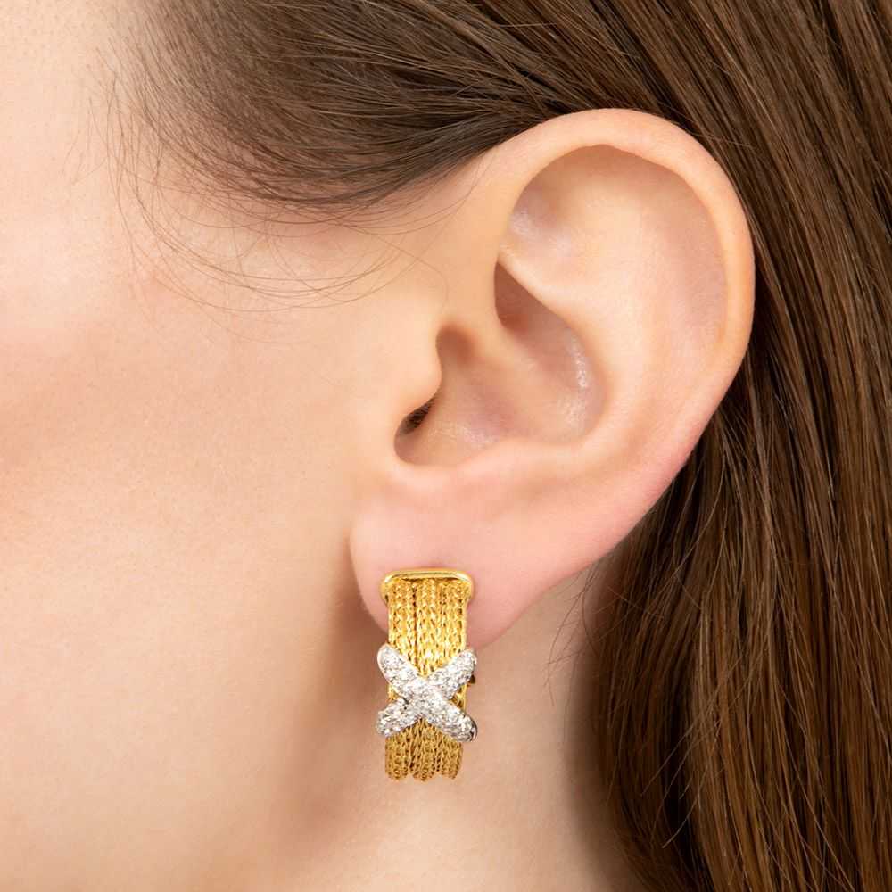 Estate Gold Mesh Diamond 'X' Earrings - image 3