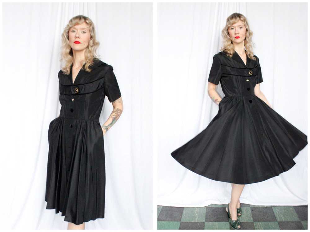 1950s Black Taffeta Swing Dress - Medium - image 1