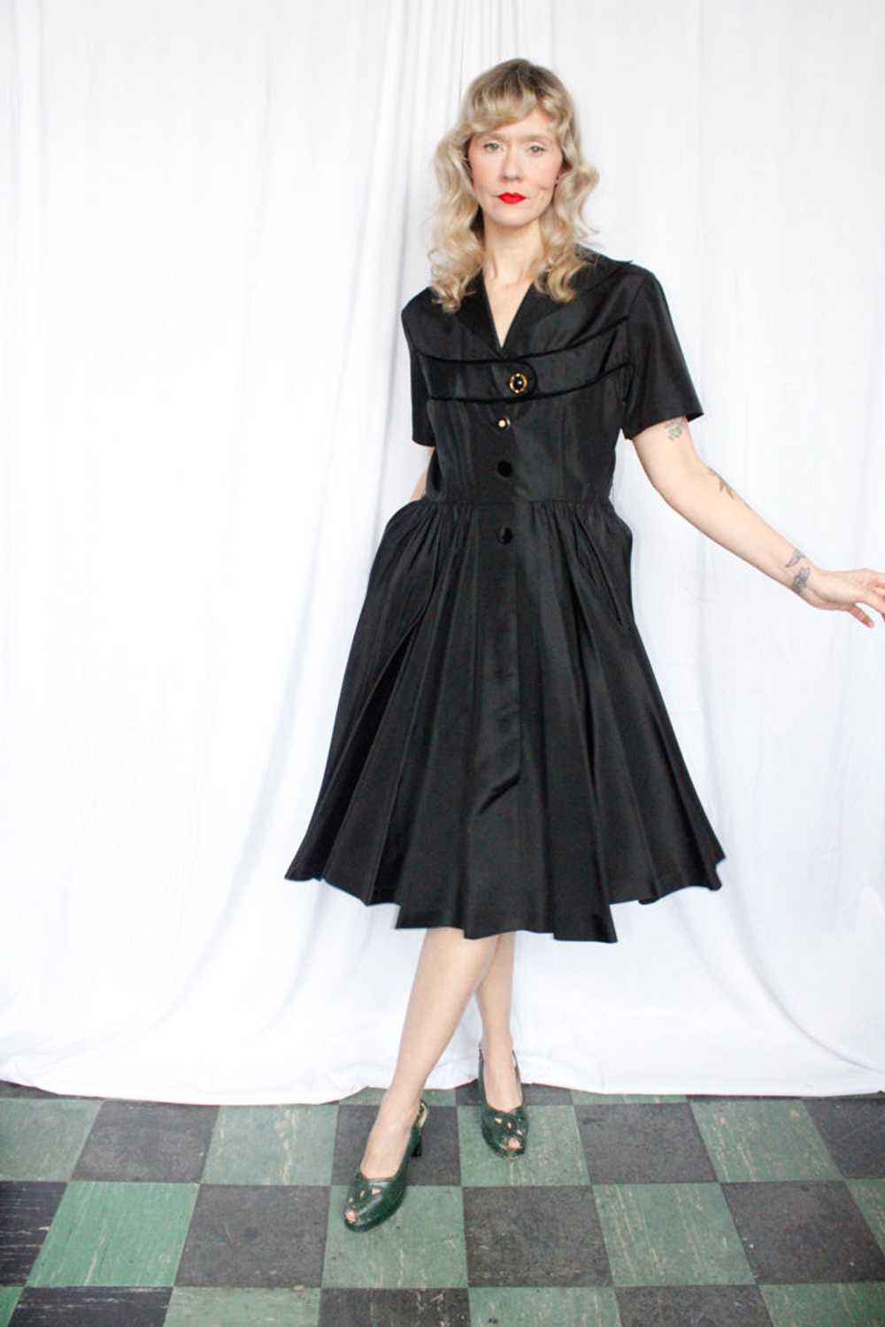 1950s Black Taffeta Swing Dress - Medium - image 3