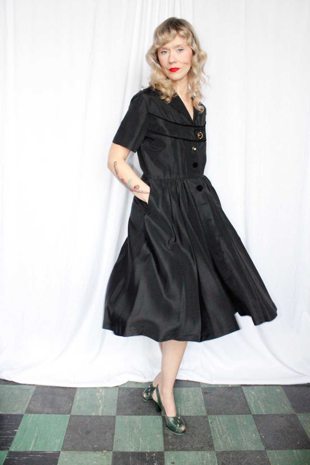 1950s Black Taffeta Swing Dress - Medium - image 4