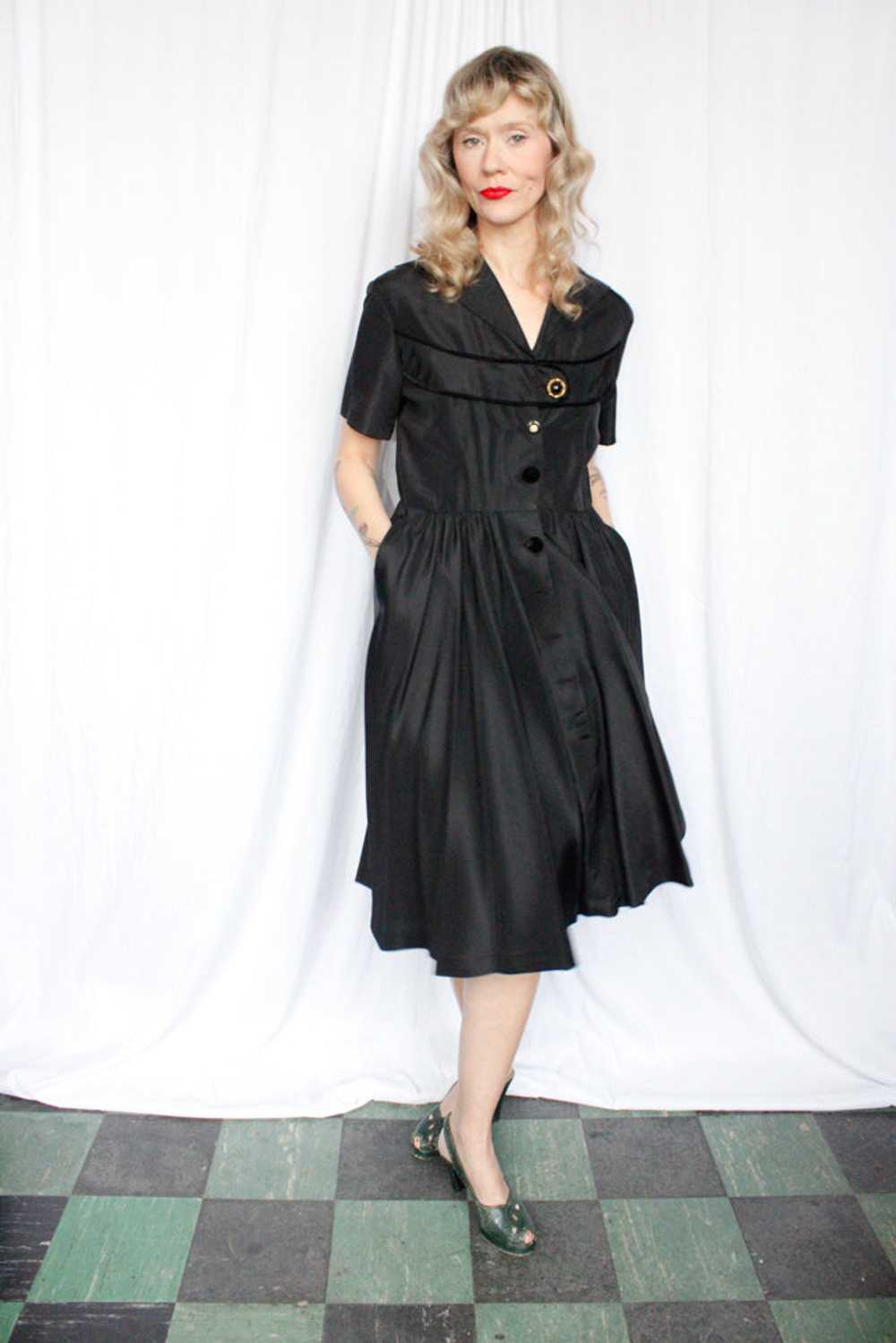 1950s Black Taffeta Swing Dress - Medium - image 5