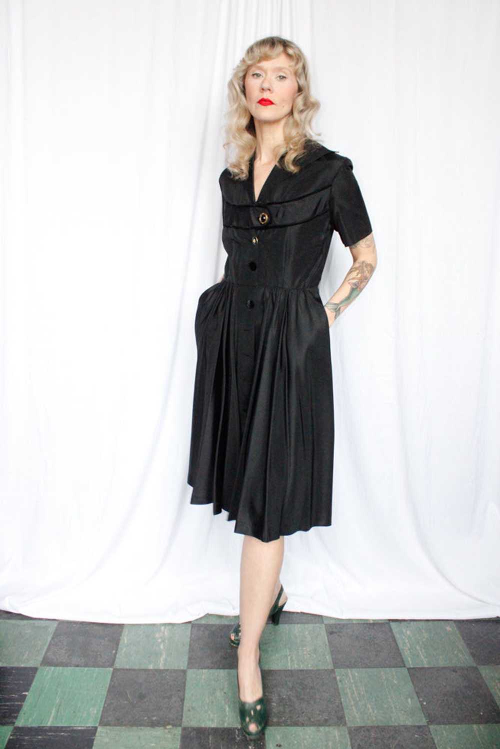 1950s Black Taffeta Swing Dress - Medium - image 7
