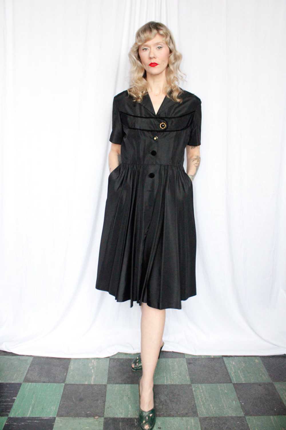 1950s Black Taffeta Swing Dress - Medium - image 8
