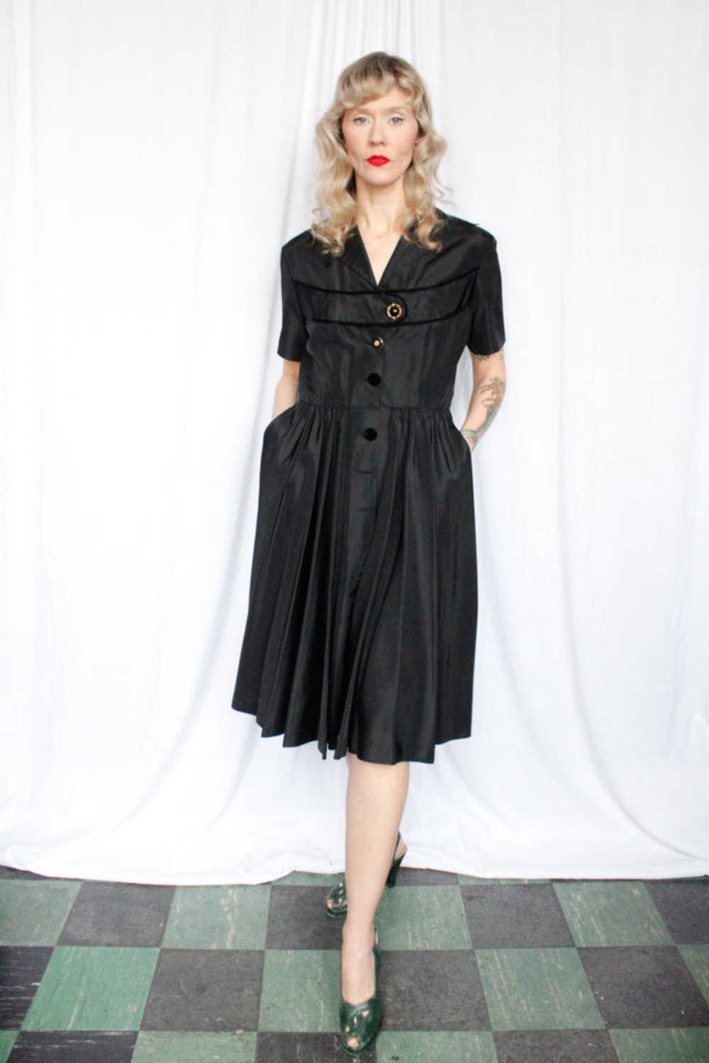 1950s Black Taffeta Swing Dress - Medium - image 9