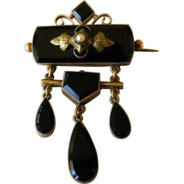 Antique Victorian Black Onyx & Seed Pearl Brooch/… - image 1
