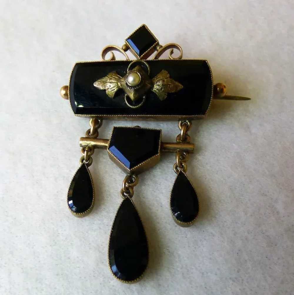 Antique Victorian Black Onyx & Seed Pearl Brooch/… - image 2
