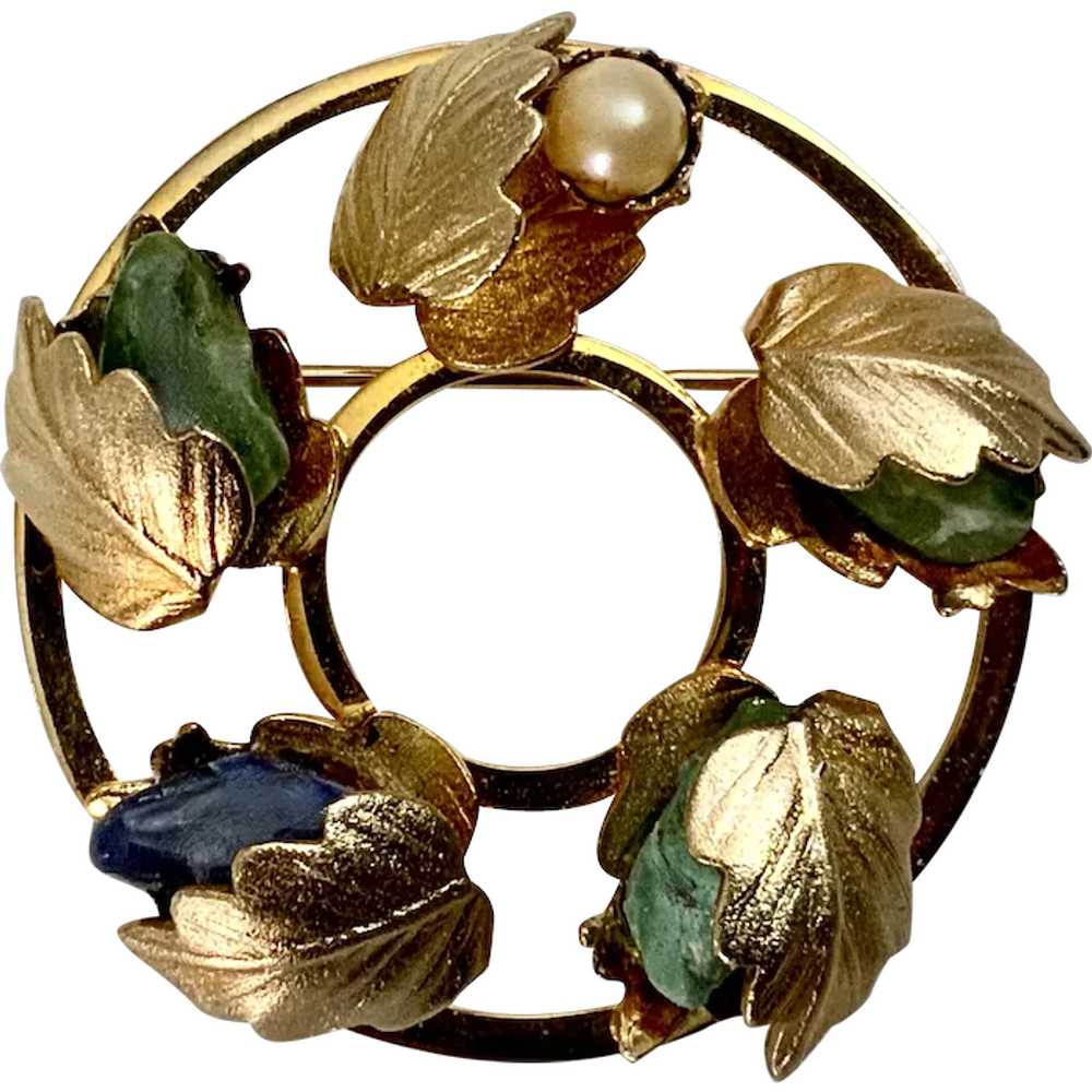 Circle of Leaves Gold Tone Brooch Pin with Pearl … - image 1