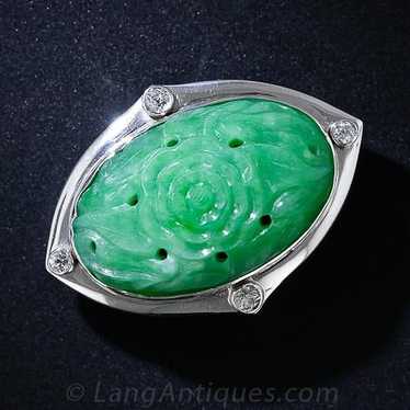 Art Deco Carved Jade and Diamond Pin