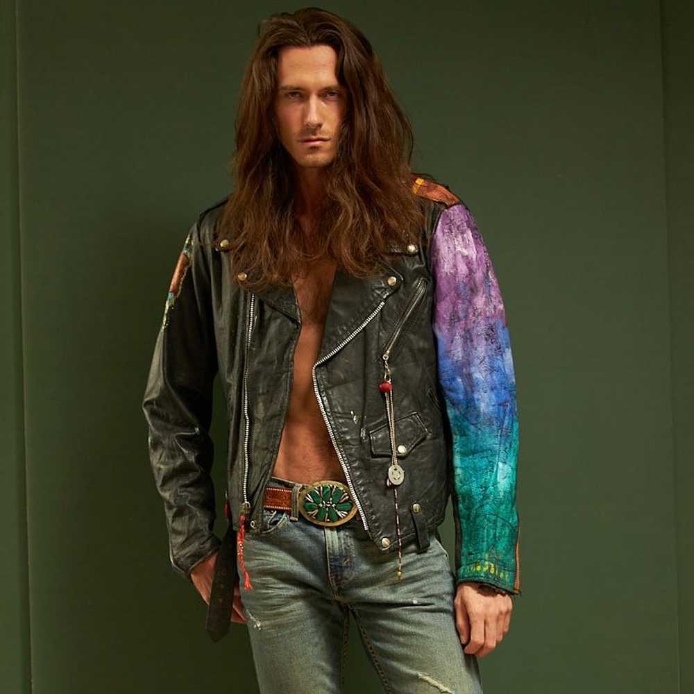 CUSTOM HAND PAINTED LEATHER JACKET W/ RAINBOW SLE… - image 1