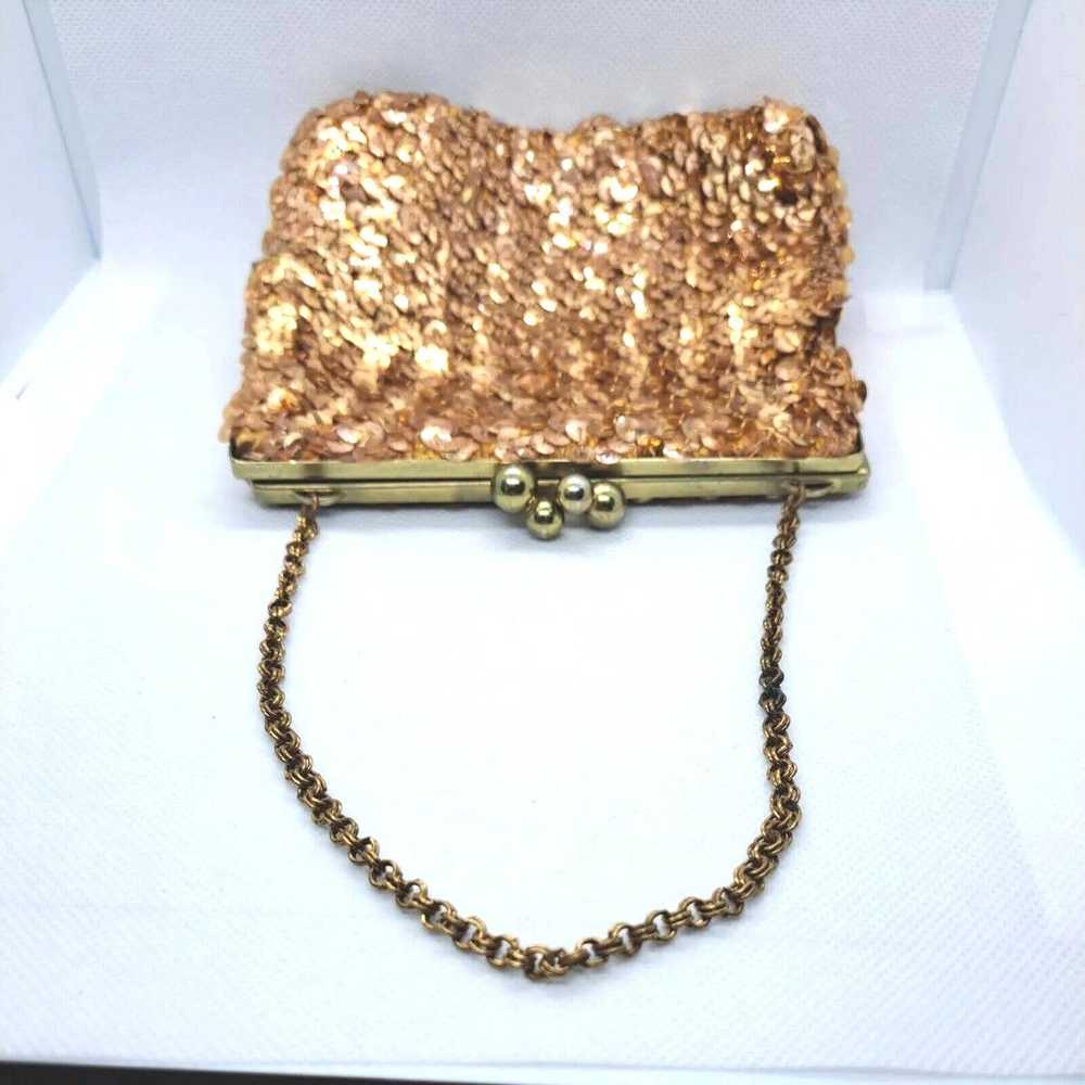 Vintage 1950s-60s Gold Sequin Beaded Handbag Kiss… - image 2