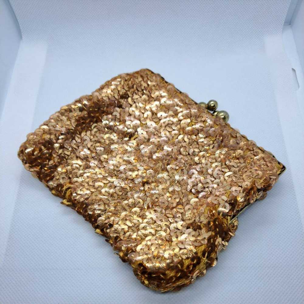 Vintage 1950s-60s Gold Sequin Beaded Handbag Kiss… - image 4