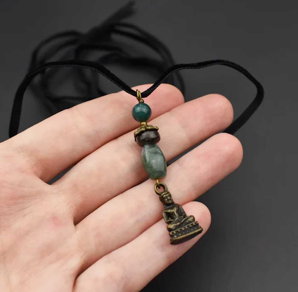 Green stone crystal and Buddha pendant, thin blac… - image 3
