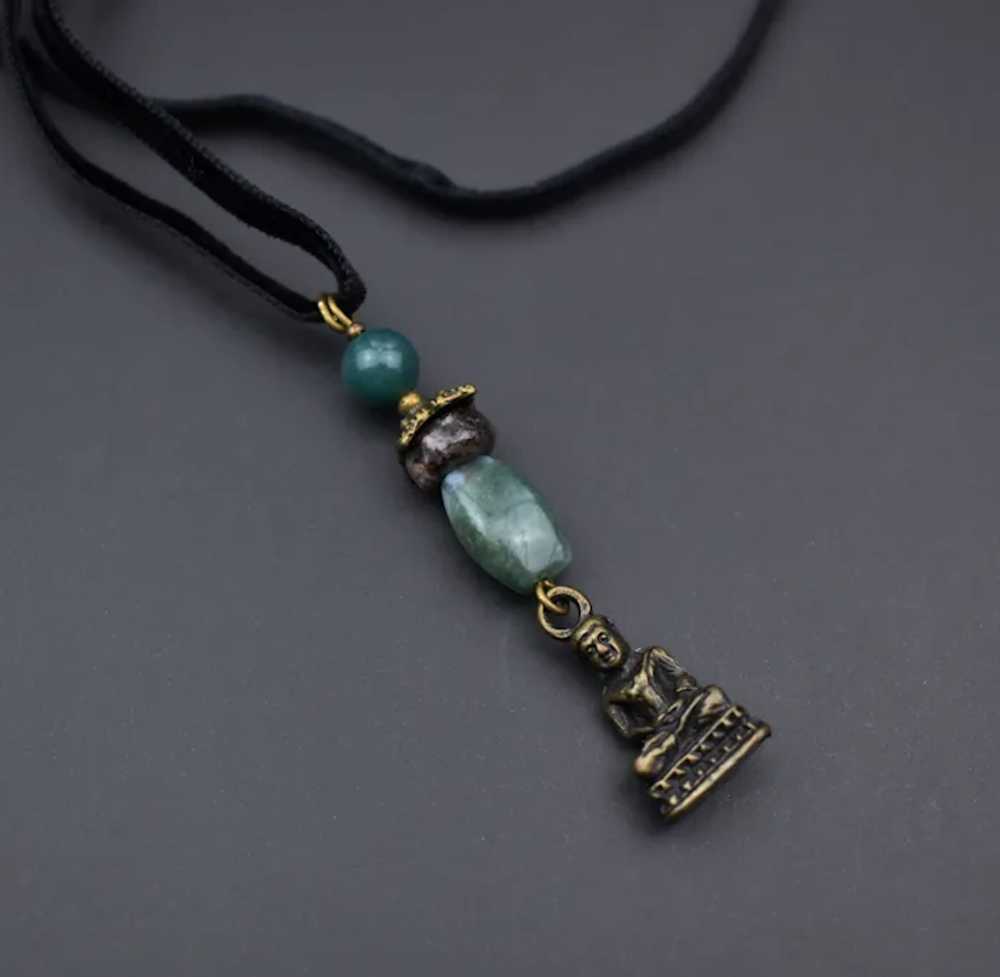 Green stone crystal and Buddha pendant, thin blac… - image 4