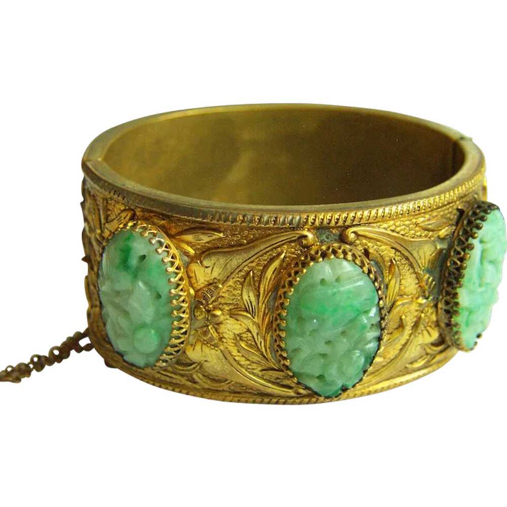 Stunning Vintage Chinese Gold Gilt Carved Jadeite… - image 1
