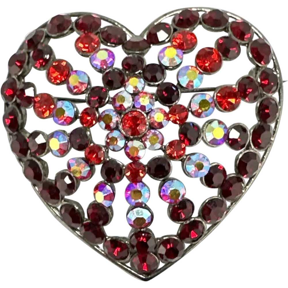 Red Heart Brooch with AB Rhinestones - image 1
