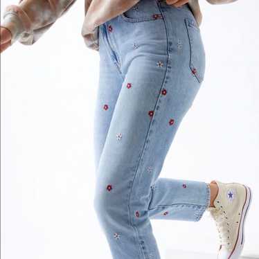 Pacsun Red Daisy Floral Embroidered Mom Jeans