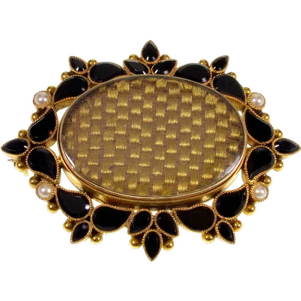 Victorian 14K Gold Onyx Mourning Brooch Braided H… - image 1