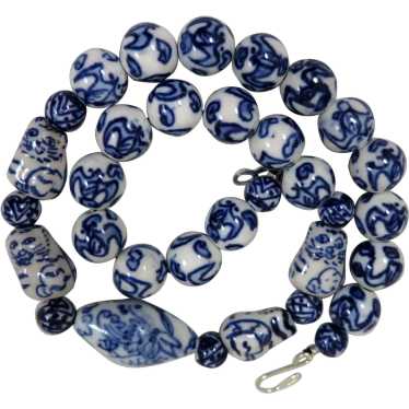 Vintage Chinese Blue and White Porcelain Bead Nec… - image 1