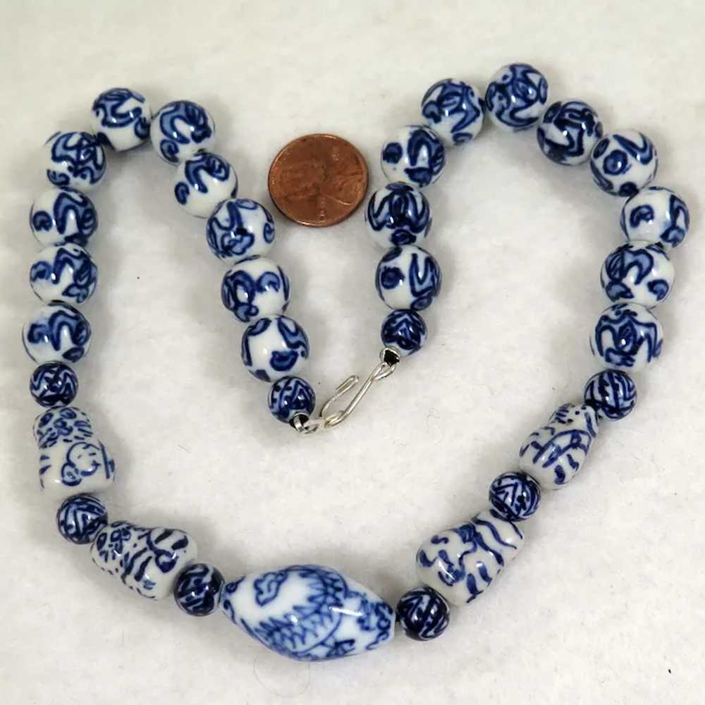 Vintage Chinese Blue and White Porcelain Bead Nec… - image 2