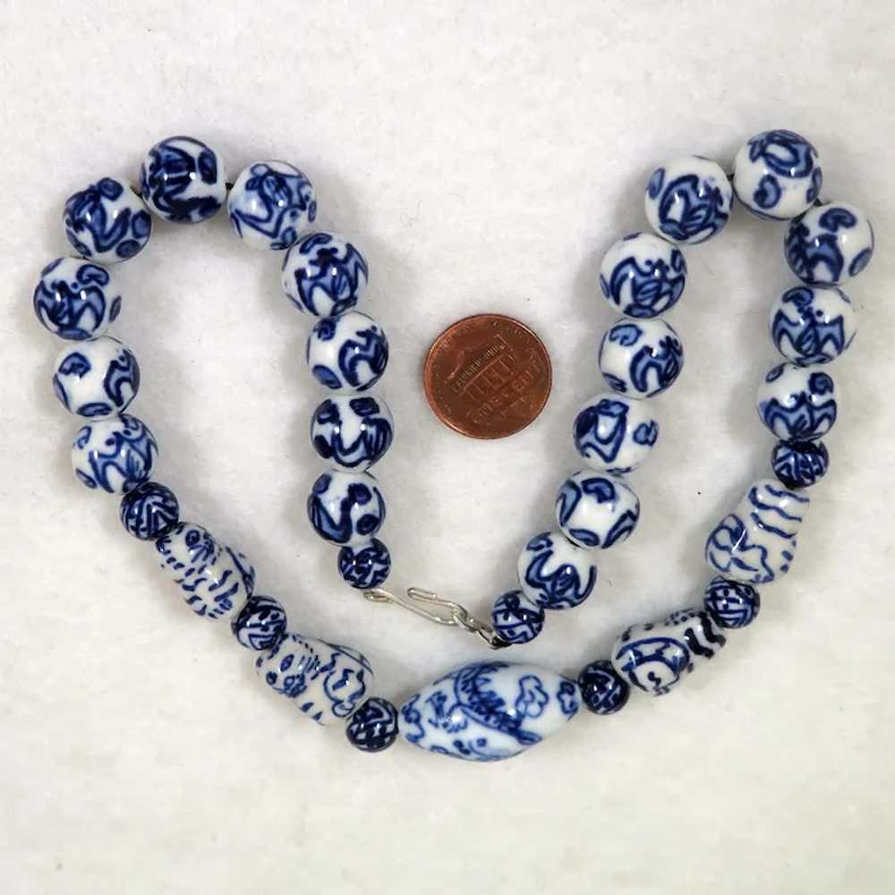 Vintage Chinese Blue and White Porcelain Bead Nec… - image 3