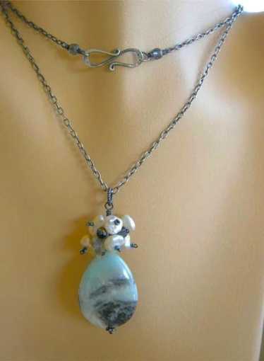 Long Amazonite Keshi necklace Silver pendant Pearl