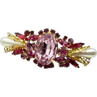 Vintage Pink Rhinestone Brooch Faux Pearls - image 1