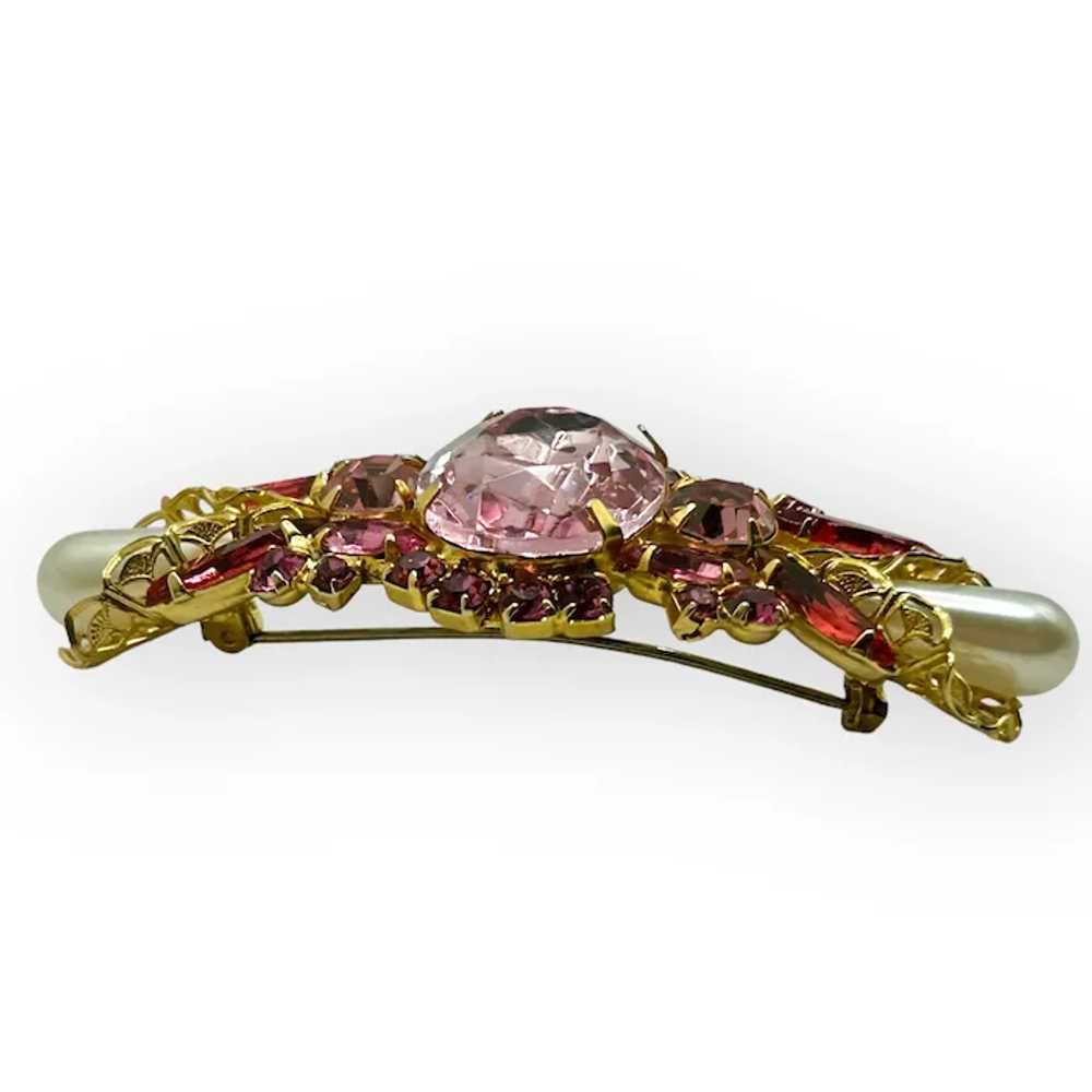 Vintage Pink Rhinestone Brooch Faux Pearls - image 2