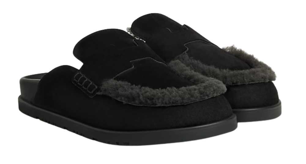 Hermes Hermes Black Suede and Shearling Go Mules - image 1