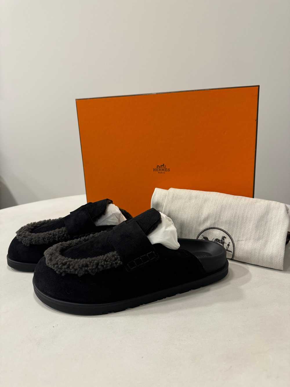 Hermes Hermes Black Suede and Shearling Go Mules - image 2