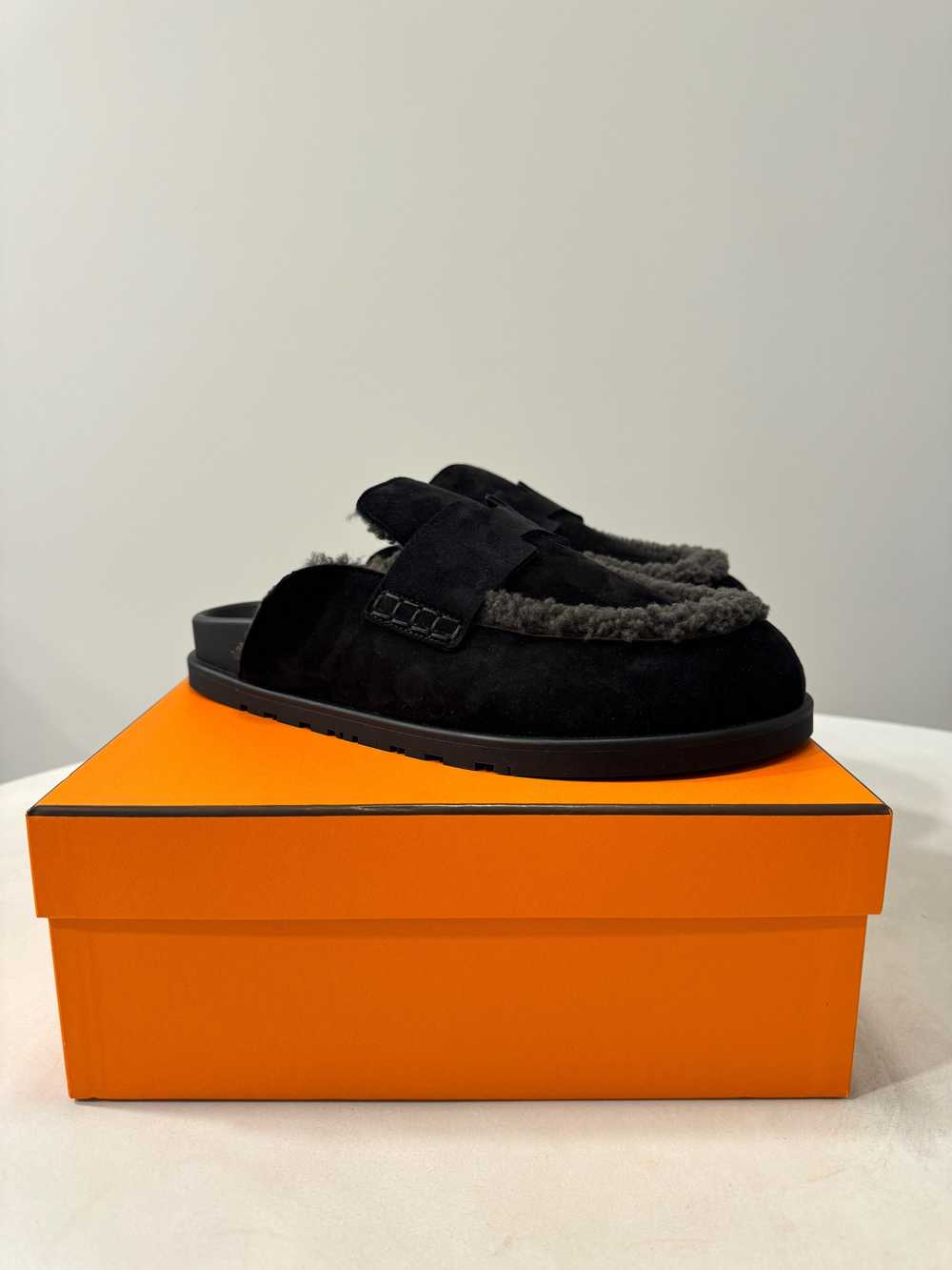 Hermes Hermes Black Suede and Shearling Go Mules - image 3