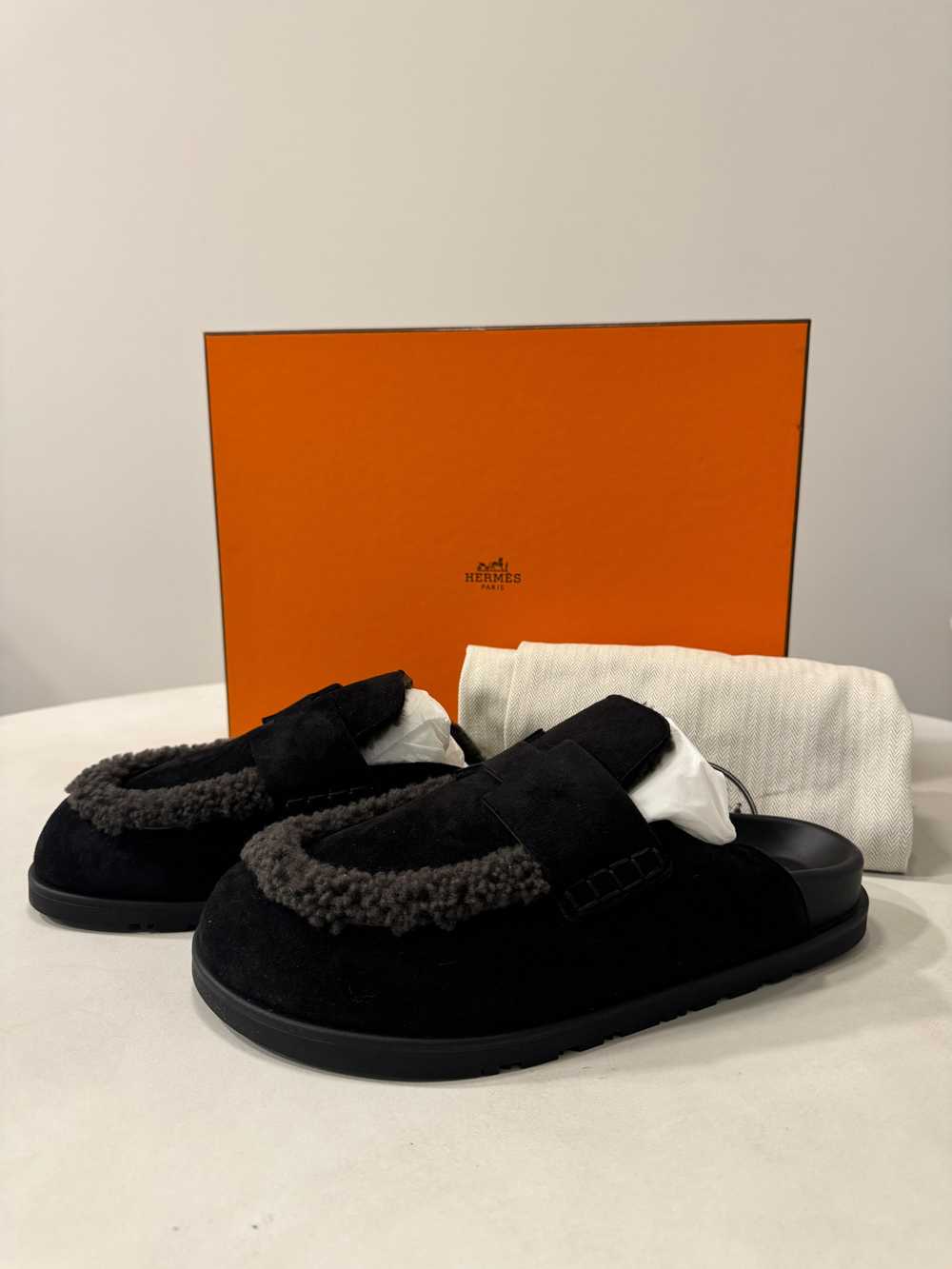 Hermes Hermes Black Suede and Shearling Go Mules - image 7