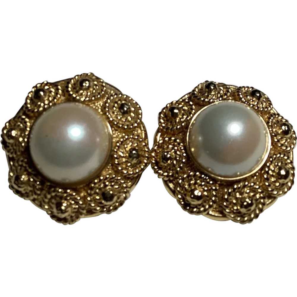 St. John Faux Pearl and gold tone clip earrings. - image 1