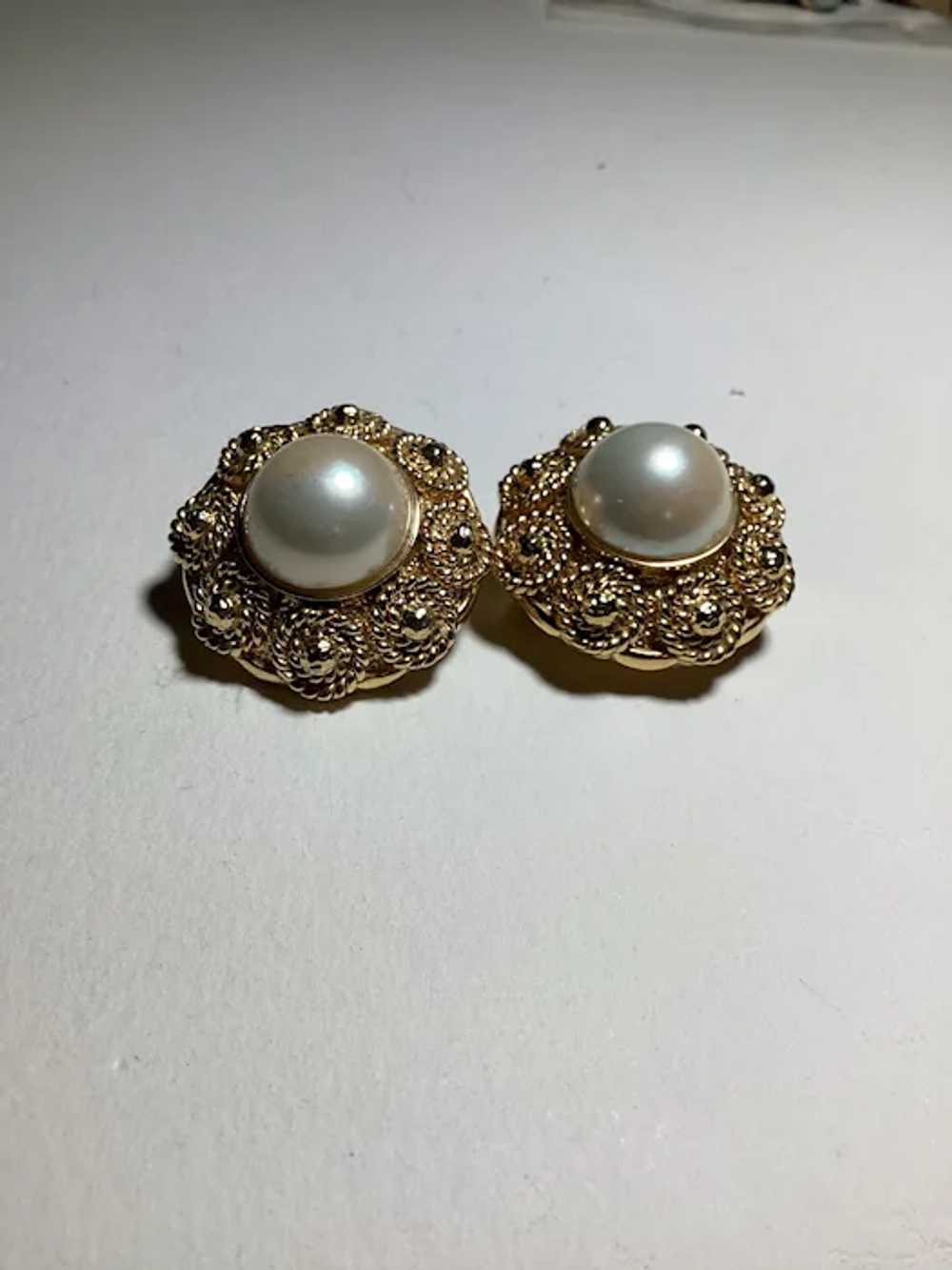 St. John Faux Pearl and gold tone clip earrings. - image 2