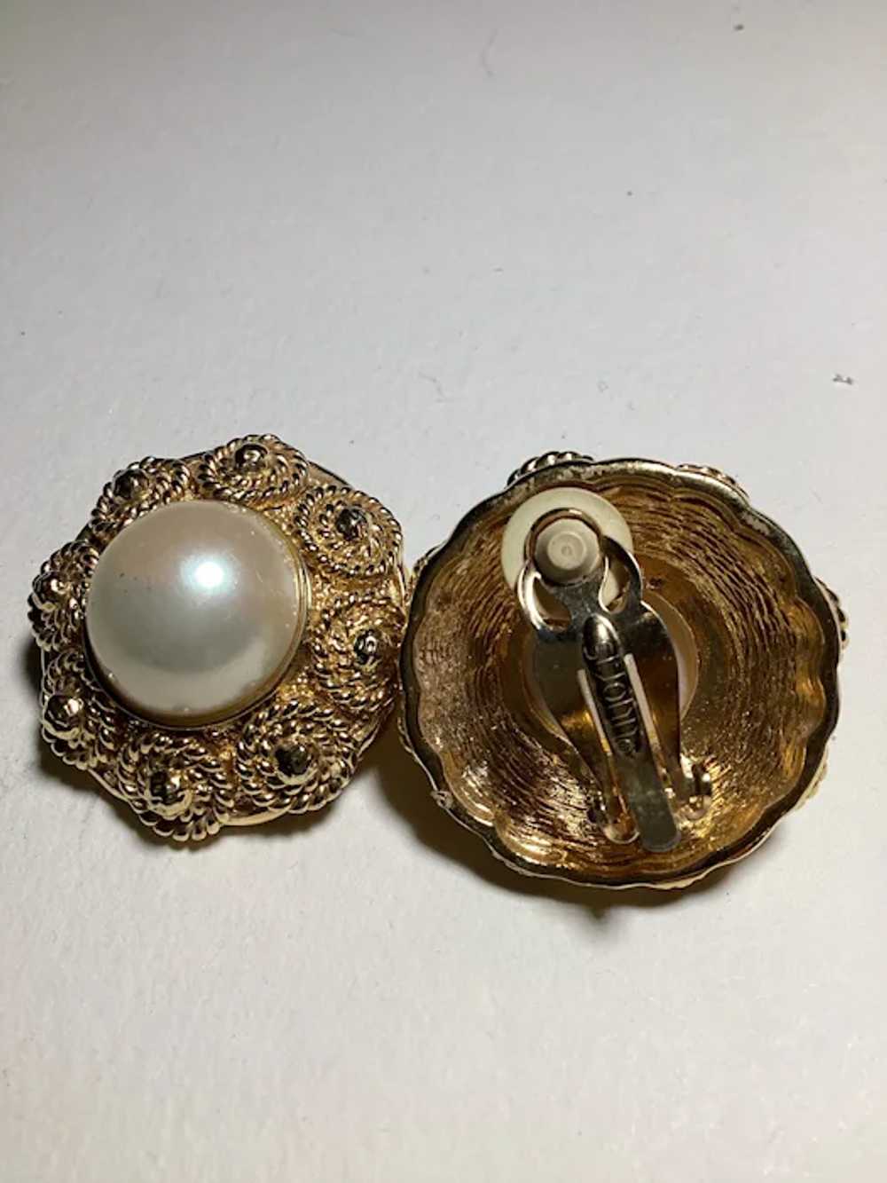 St. John Faux Pearl and gold tone clip earrings. - image 3