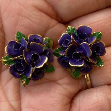 Purple Rose Austria Clip on Earrings Vintage Flowe