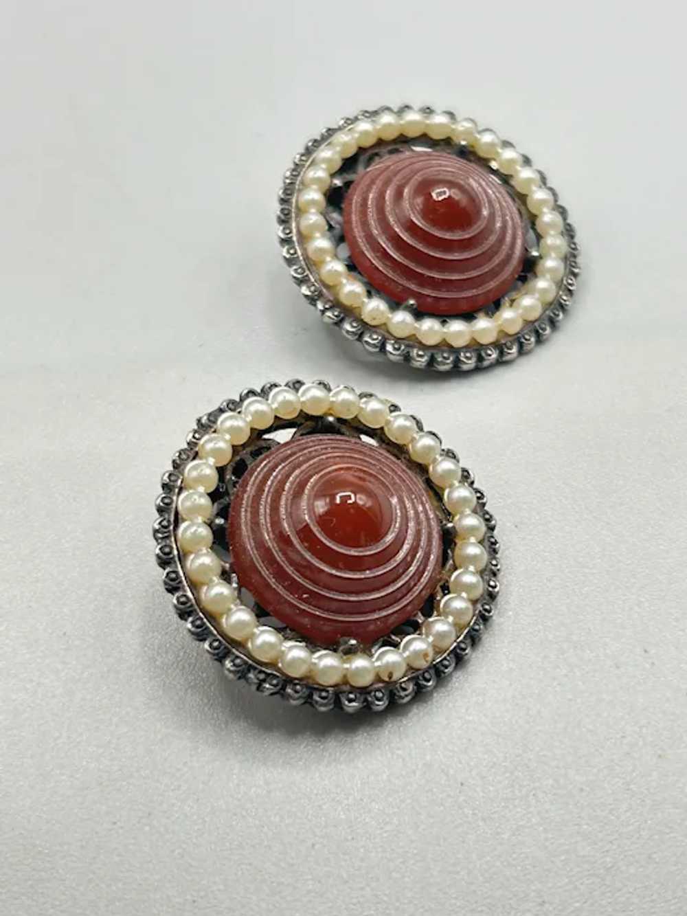 Vintage Clip On Earrings Brown Glass Pointy Stone… - image 2