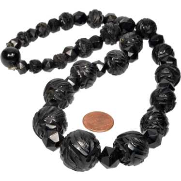 Antique Victorian Carved Whitby Jet Bead Necklace 