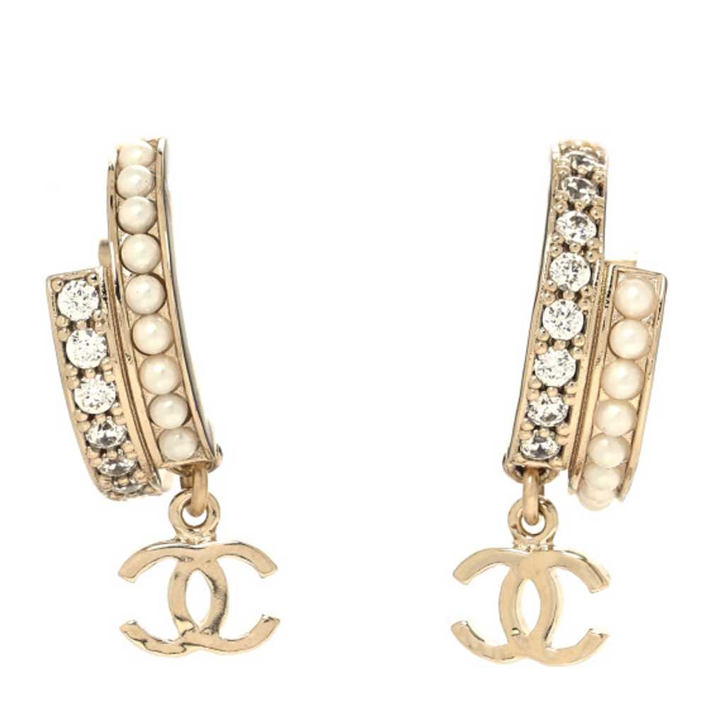CHANEL Crystal Pearl Logo Hoop CC Earrings Gold - image 1