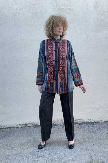 Vintage Blue Embroidered Block Printed Jacket