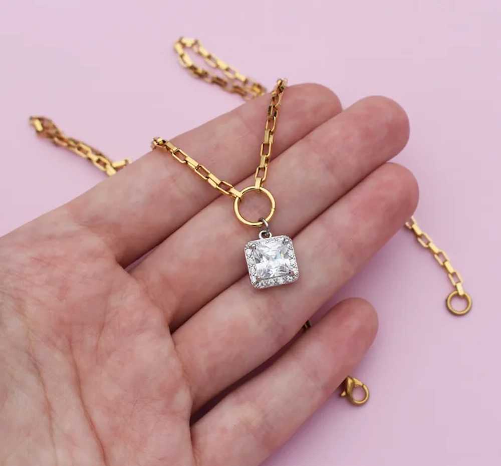 Clear crystal drop necklace, box chain charm neck… - image 3