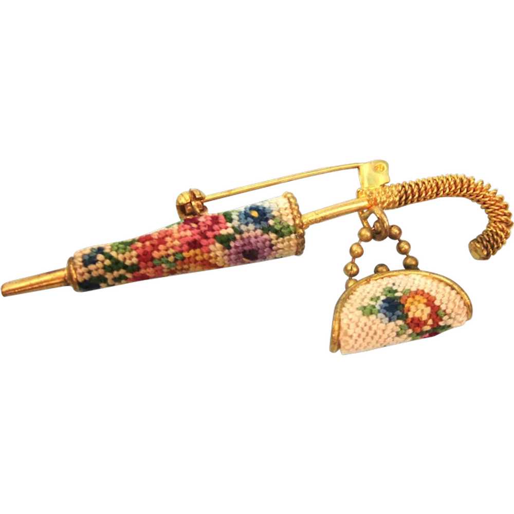 Charming Vintage Needlepoint Umbrella and Purse P… - image 1